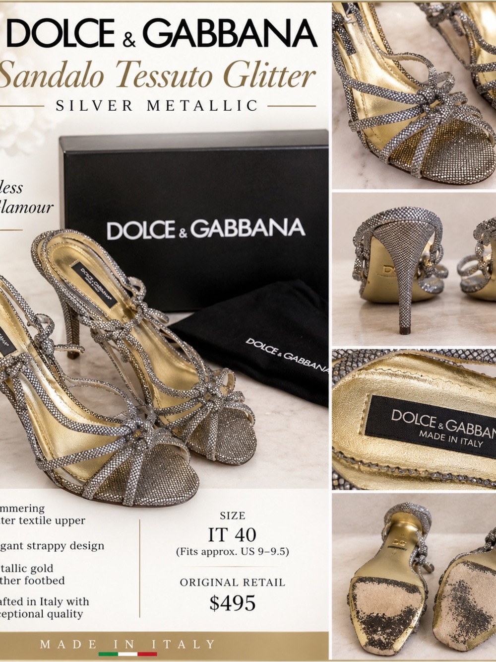 Dolce & Gabbana Glitter Sandals Silver Metallic Heels IT 40 GUC